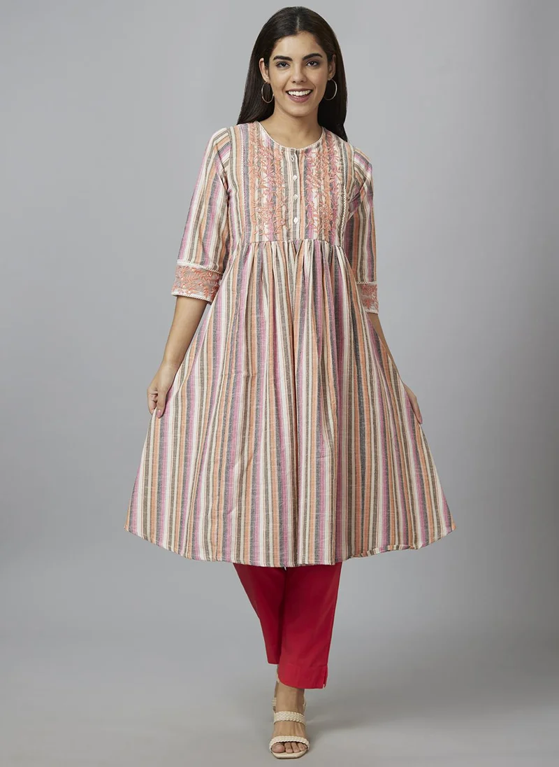 جلو باص Globus Women Pink & Grey Striped Round Neck Pure Cotton A-Line Kurta